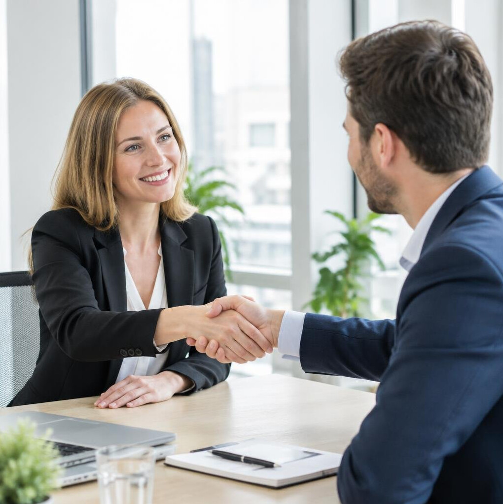 Two business professionals shaking hands after a calm conversation