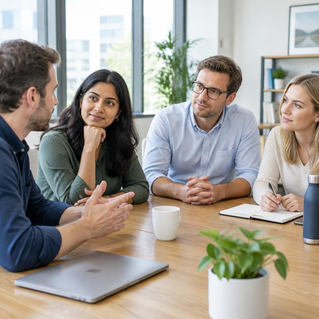 Colleagues discussing around a meeting table